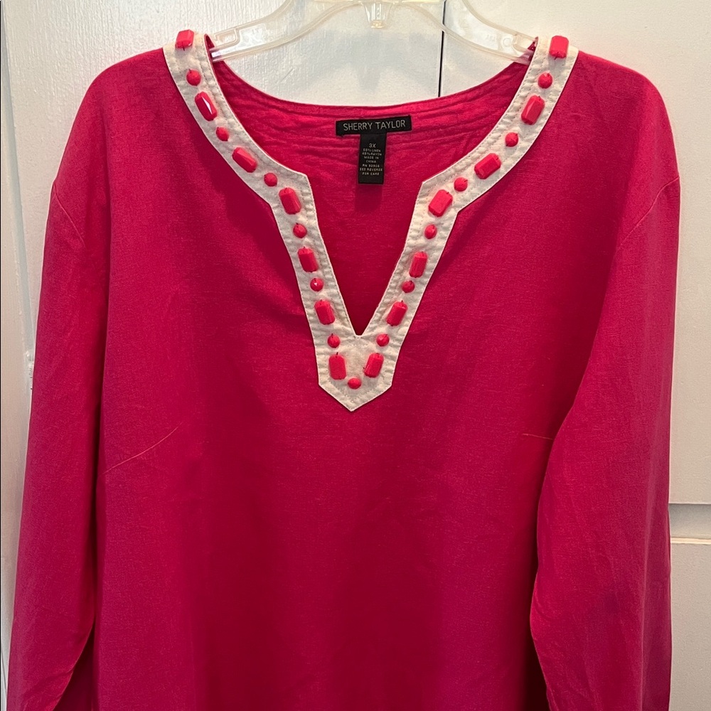 Sherry Taylor Hot Pink Embellished Women's Top Linen Blend sz 3X